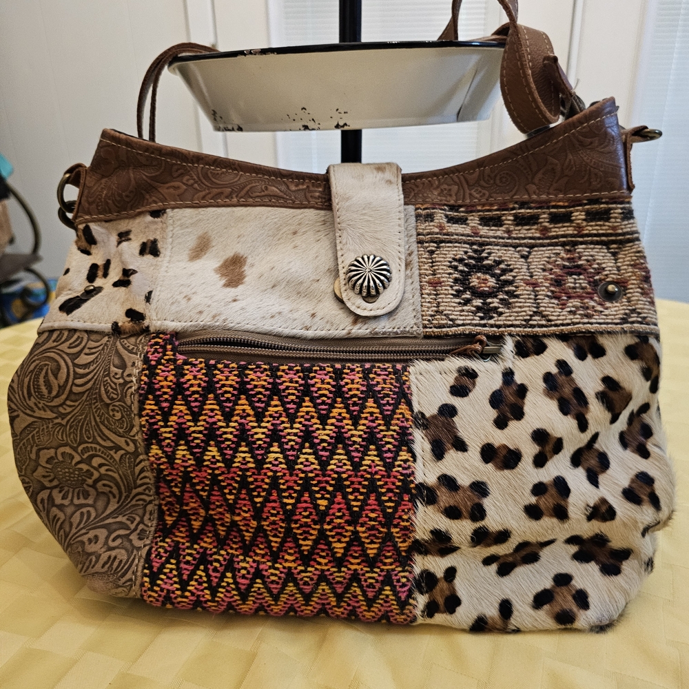 Myra Bag Brown and Tan Patchwork Shoulder Bag